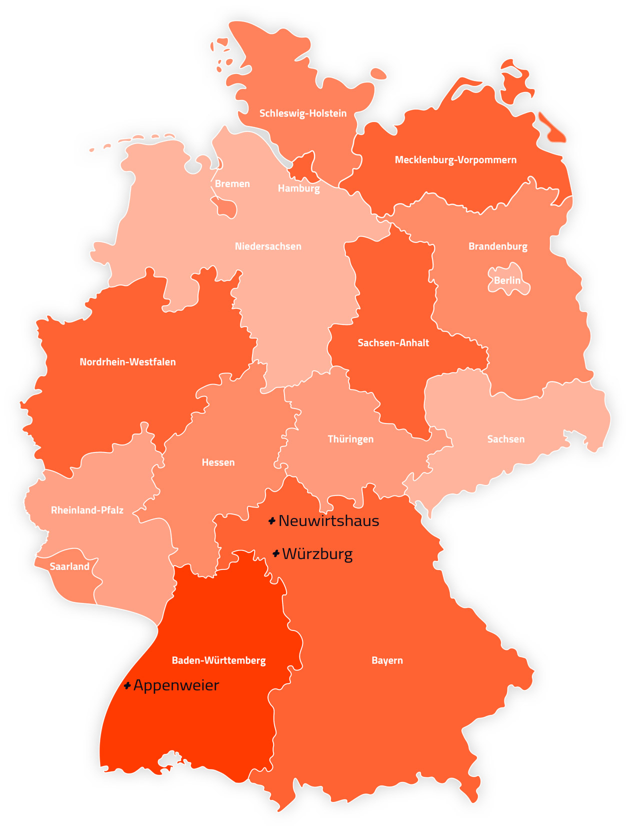 Standorte Bauträger von B+M HolzWelt in Appenweier, Würzburg und Neuwirtshaus