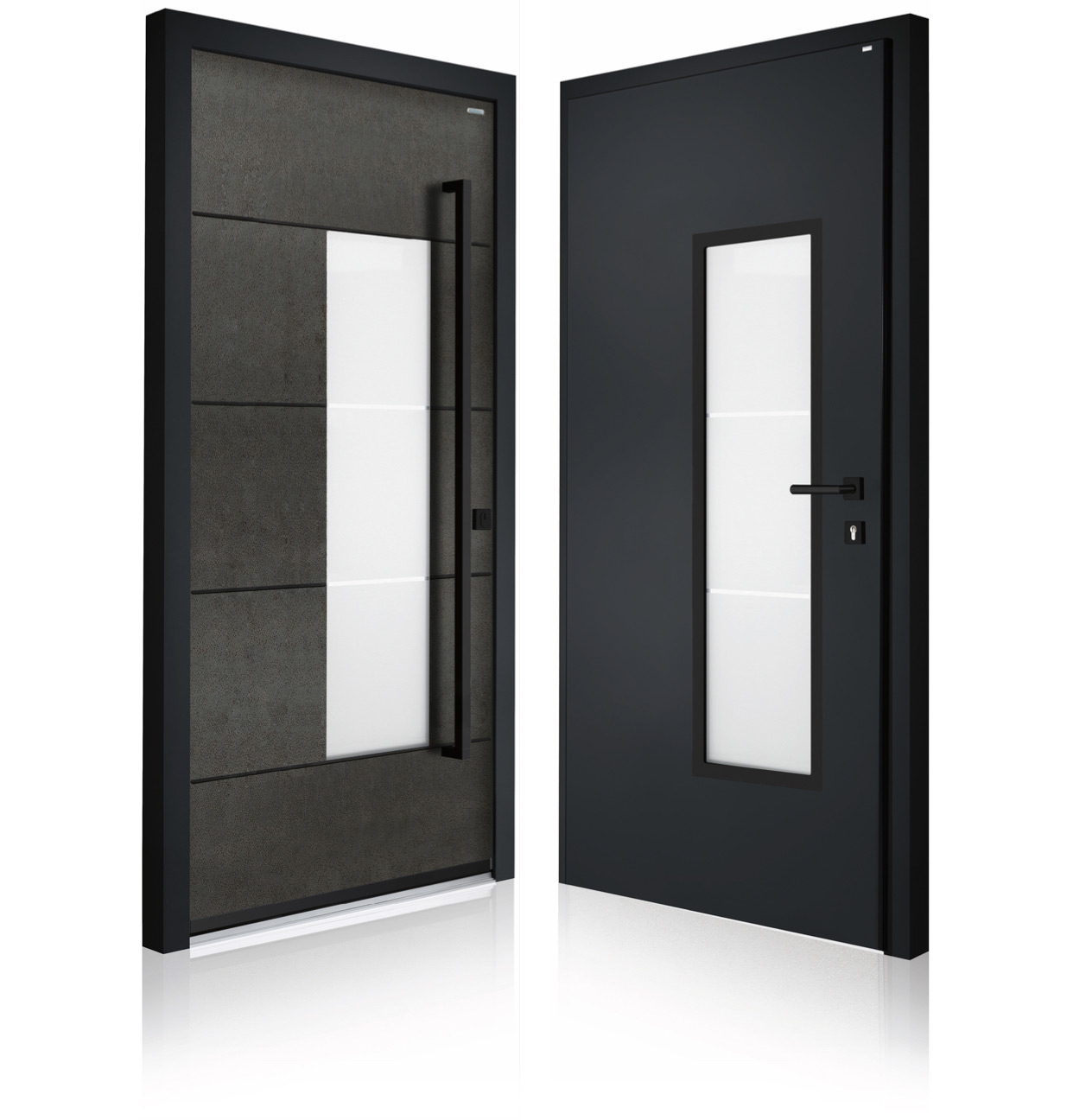 Vorder- und Rückseite einer dunklen Haustür aus Aluminium mit Glaseinsatz | B+M HolzWelt